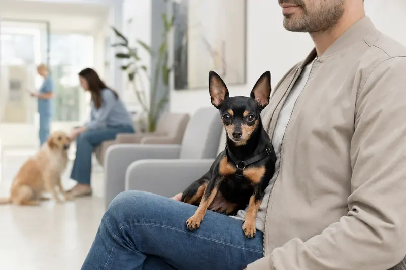 Ein Pražský Krysařík sitzt ruhig neben seinem Besitzer im hellen Wartezimmer einer modernen Tierarztpraxis.